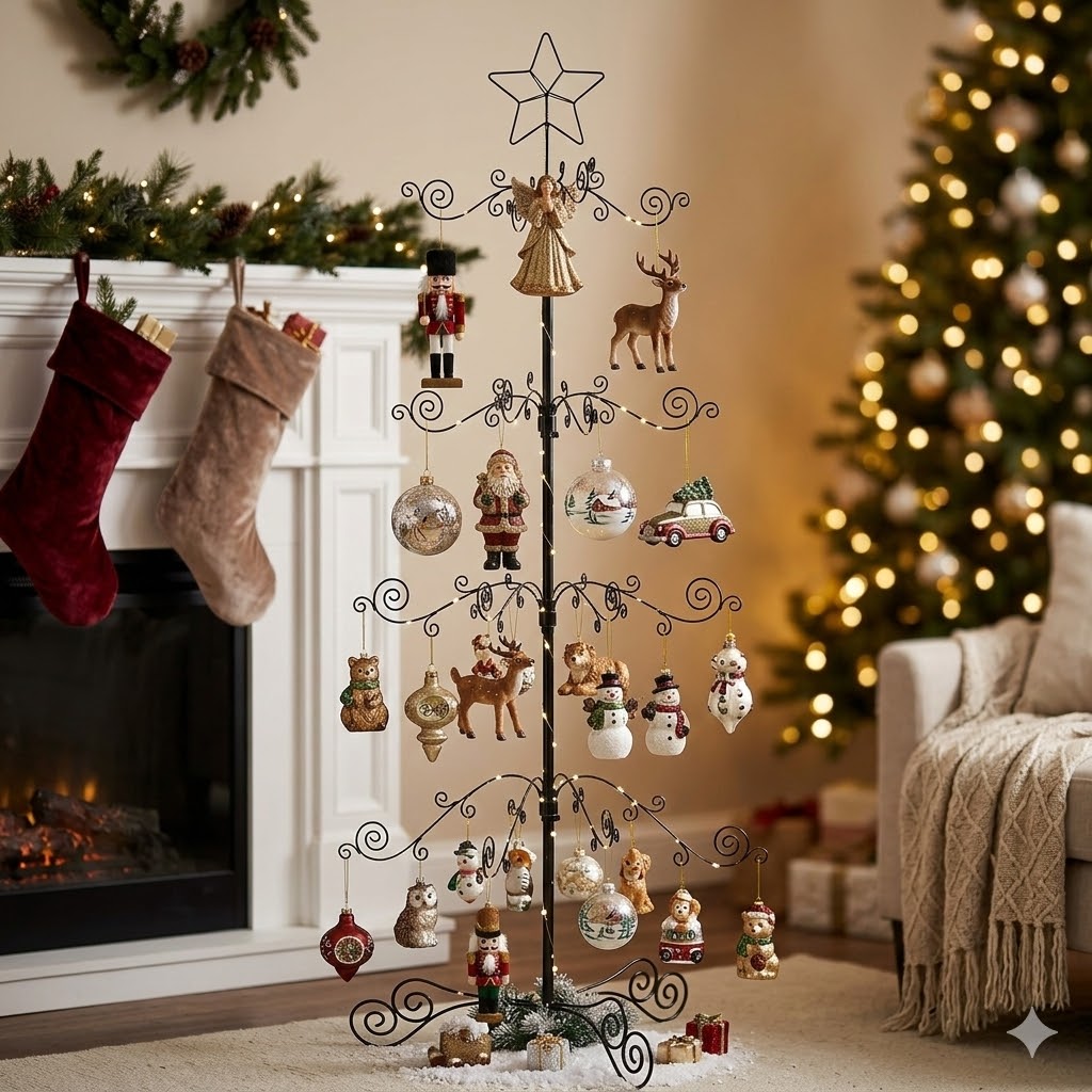 HOHIYA 3 Ft Wrought Iron Ornament Display Tree 56-Hook Metal Christmas Tree Alternative Sturdy Floor and Tabletop Stand for Glass Baubles Black